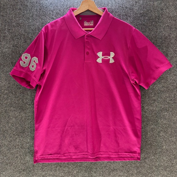 Under‎ Armour HeatGear Polo Shirt Women L Pink 96 Big Logo Golf Athletic Active - Picture 1 of 8